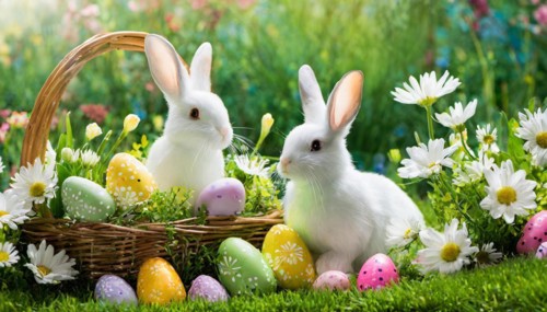Ai generated, An Easter basket with coloured eggs in a meadow with colourful flowers, in the basket
