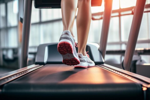 Back view of woman's slim legs in spot sneakers jogging on treadmill in fitness studio. KI