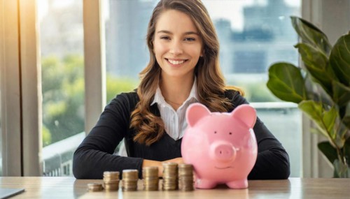 AI generated, A young woman, 20, 25, years, saves money and coins for the future, provision, nest