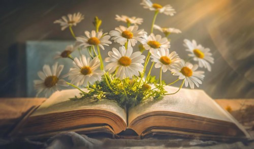 Daisy flowers growing out of an open book. The beautiful world inside a textbook. Educational and