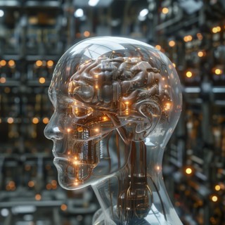 Medical a human head with brain and computer chip, symbol image KI in the human brain, ai