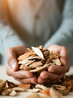 Holding woodchips in your hands, woodchips, renewable fuel, climate change, AI generated, AI