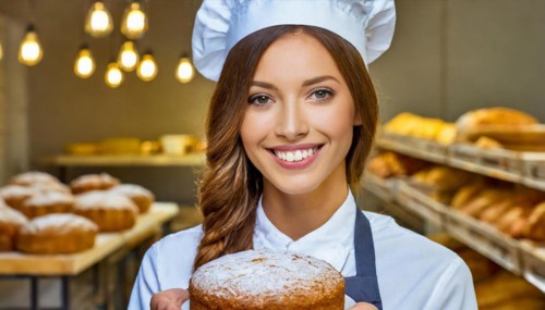 Ai generated, woman, 20, 25, years, shows, bakery, bakery shop, cake, female baker