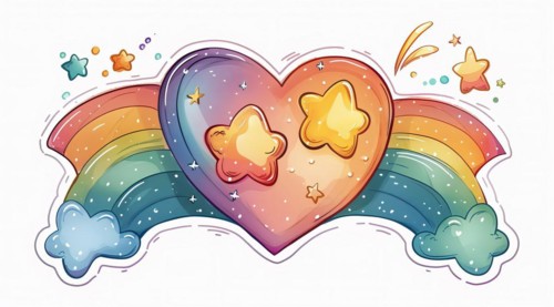 An illustrated heart connected to a rainbow, surrounded by stars and clouds, evoking a magical