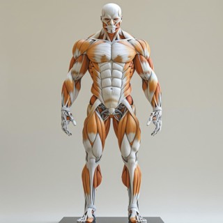 A standing anatomical model of a human body without skin shows muscles and skeleton, AI generated,