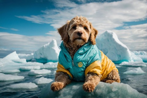 Lagotto Attentive dog wearing a blue yellow jacket on a floating ice sheet, alone isolated in the