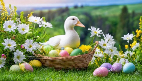 Ai generated, An Easter basket with coloured eggs in a meadow with colourful flowers, in the