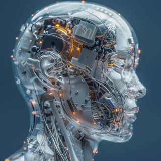 Medical a human head with brain and computer chip, symbol image KI in the human brain, ai