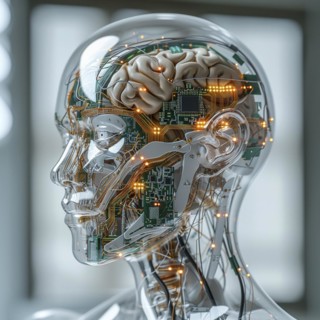 Medical a human head with brain and computer chip, symbol image KI in the human brain, ai