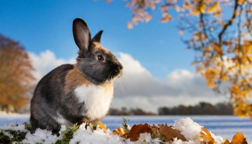 KI generated, A colourful dwarf rabbit in autumn, ice, snow, onset of winter, side view,