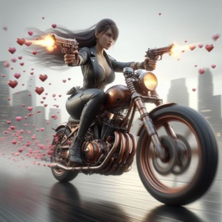 A woman in action shooting guns while riding a vintage rusty motorcycle, hearts flying around her,