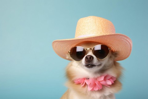 Funny dog with summer straw hat, large sunglasses and pink Hawaiian Lei flower necklace in front of