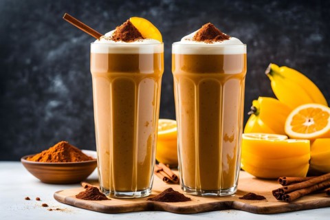 Creamy banana and almond milk smoothie in tall glass honey drizzle cascading, AI generated