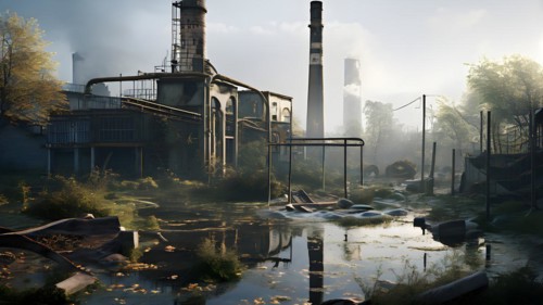 Abandoned playground partially submerged by an overflowing river, AI generated