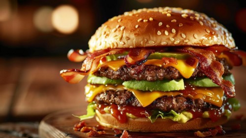 Stacked double cheeseburger with bacon, cheese, and lettuce on a toasted sesame seed bun, ai