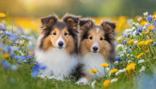 KI generated, Two long-haired collies lying in a colourful flower meadow, (Canis lupus familiaris),