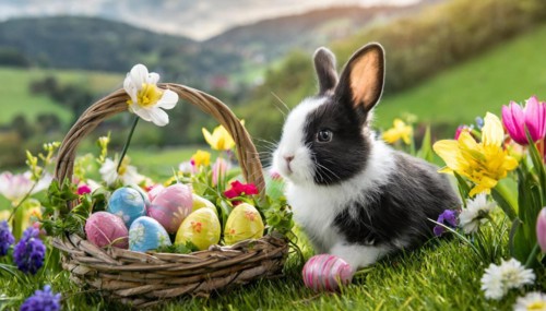 Ai generated, An Easter basket with coloured eggs in a meadow with colourful flowers, in the basket