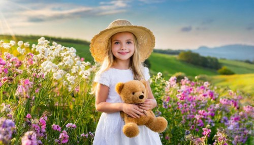 Ai generated, A blonde girl, 8 years old, enjoys the summer in a meadow with lots of flowers and is