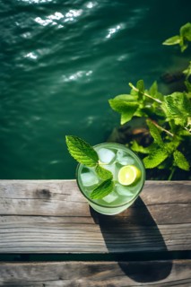 Classic mojito with fresh mint leaves resting on a weathered wooden dock calm lake waters