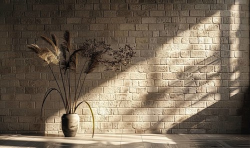 Warm sunlight illuminates a vase with flowers casting intricate shadows on a brick wall AI