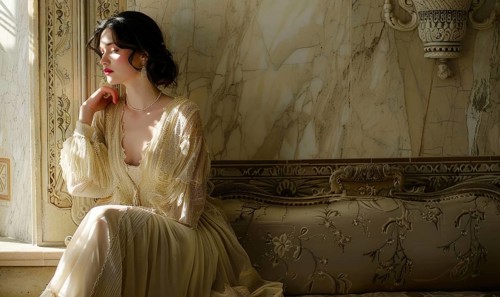 Woman in a vintage dress seated in a luxurious marble interior, lost in thought AI generated
