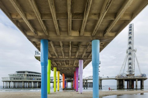Pier in Scheveningen with Ferris wheel and restaurant, beach, bridge, colourful, pillar,