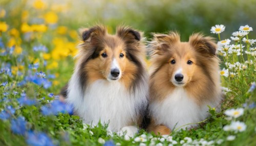 KI generated, Two long-haired collies lying in a colourful flower meadow, (Canis lupus familiaris),