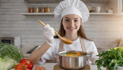 AI generated, An attractive blonde cook in the kitchen of a hotel tastes a vegetable soup