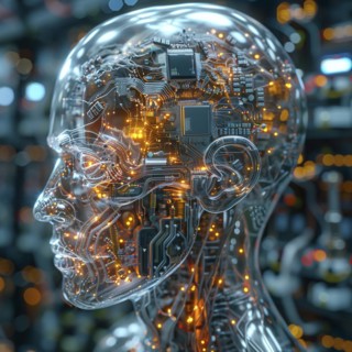 Medical a human head with brain and computer chip, symbol image KI in the human brain, ai