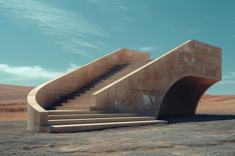 Brutalist concrete staircase in a desert setting with strong shadows and a clear sky, AI generated