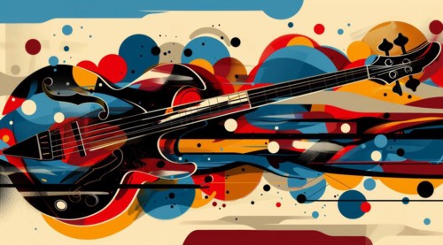 Electric guitar abstract with bold black lines and bright primary color splashes, ai generated, AI