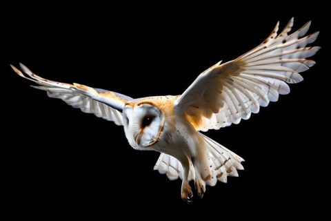 Barn owl in flight embodies mysterious and ghostly beauty, isolated in front of black background,