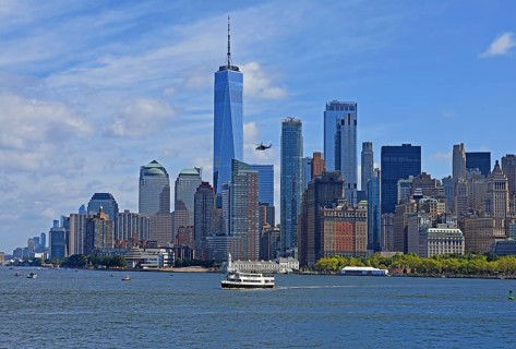Skyline with skyscrapers, Financial District, helicopter in front of One World Trade Centre or