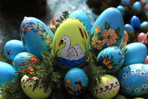 Detail of an Easter fountain in Franconian Switzerland, Bamberg district, Upper Franconia, Germany,