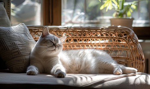 A relaxed cat enjoying the sunlight on a cozy wicker chair indoors AI generated