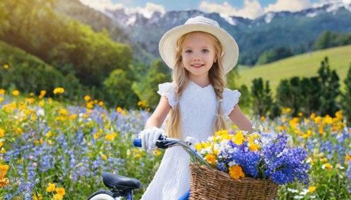 KI generated, A blonde girl rides her bike and enjoys the summer in a meadow with many flowers,