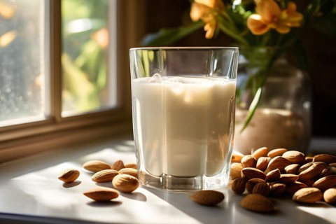 Almond milk cascades into a glass backlight from a sunlit window casting a warm glow on the