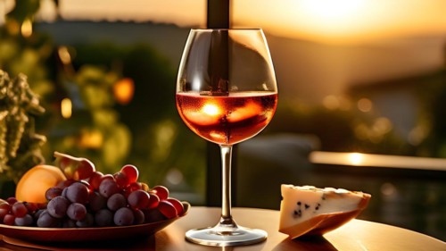 Ros wine glass showcasing its elegant curvature paired with a-diverse platter of ripe fruits, AI
