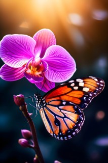 Butterfly alighting on a vivid orchid epitome, AI generated