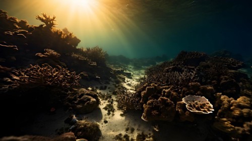Dead coral reef moonlit shadows playing across skeletal remains visual narrative of marine
