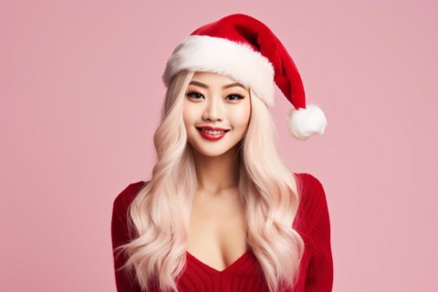 Portrait of young Asian woman with blond hair with red sweater and Christmas santa hat in front of