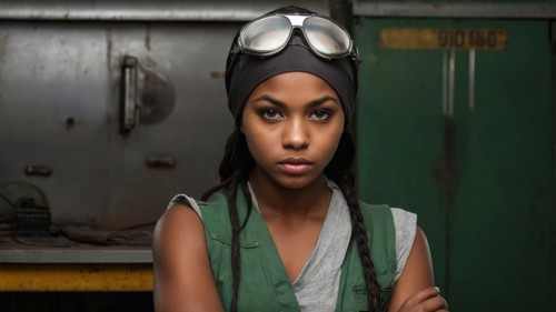 A confident young woman with pilot goggles stands in a vintage-style workshop, feminine power and