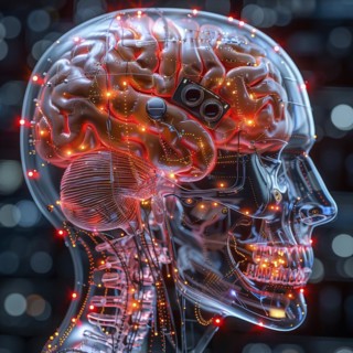 Medical a human head with brain and computer chip, symbol image KI in the human brain, ai