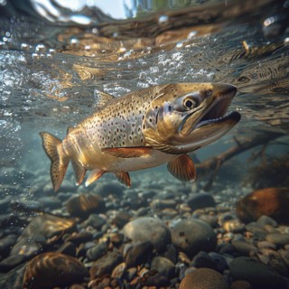 Salmon (Salmo salar) on the migration and swim up a stream in shallow, clear water, ai generiert,