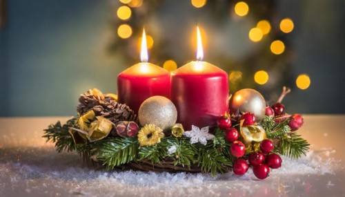 Ai generated, Advent wreath with burning candles, Christmas time, Christmas decoration, Second