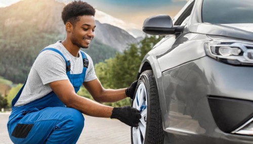 AI generated, A mechanic changes the tyres on a customer's car, tyre fitting, silver car