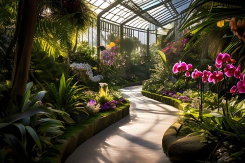 Orchid conservatory path winding enticingly amongst diverse floral species, AI generated