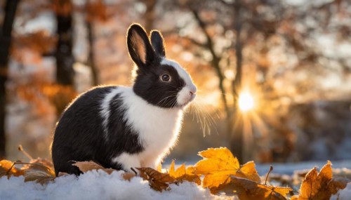 KI generated, A black and white dwarf rabbit in a meadow with autumn leaves, onset of winter, ice,