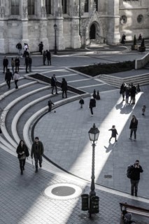 Sunlight floods the inner courtyard of the Fisherman's Bastion, travel, city trip, tourism, light,