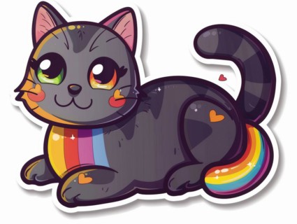 A black cartoon cat with a rainbow scarf and heart accents smiling, ai generated, AI generated